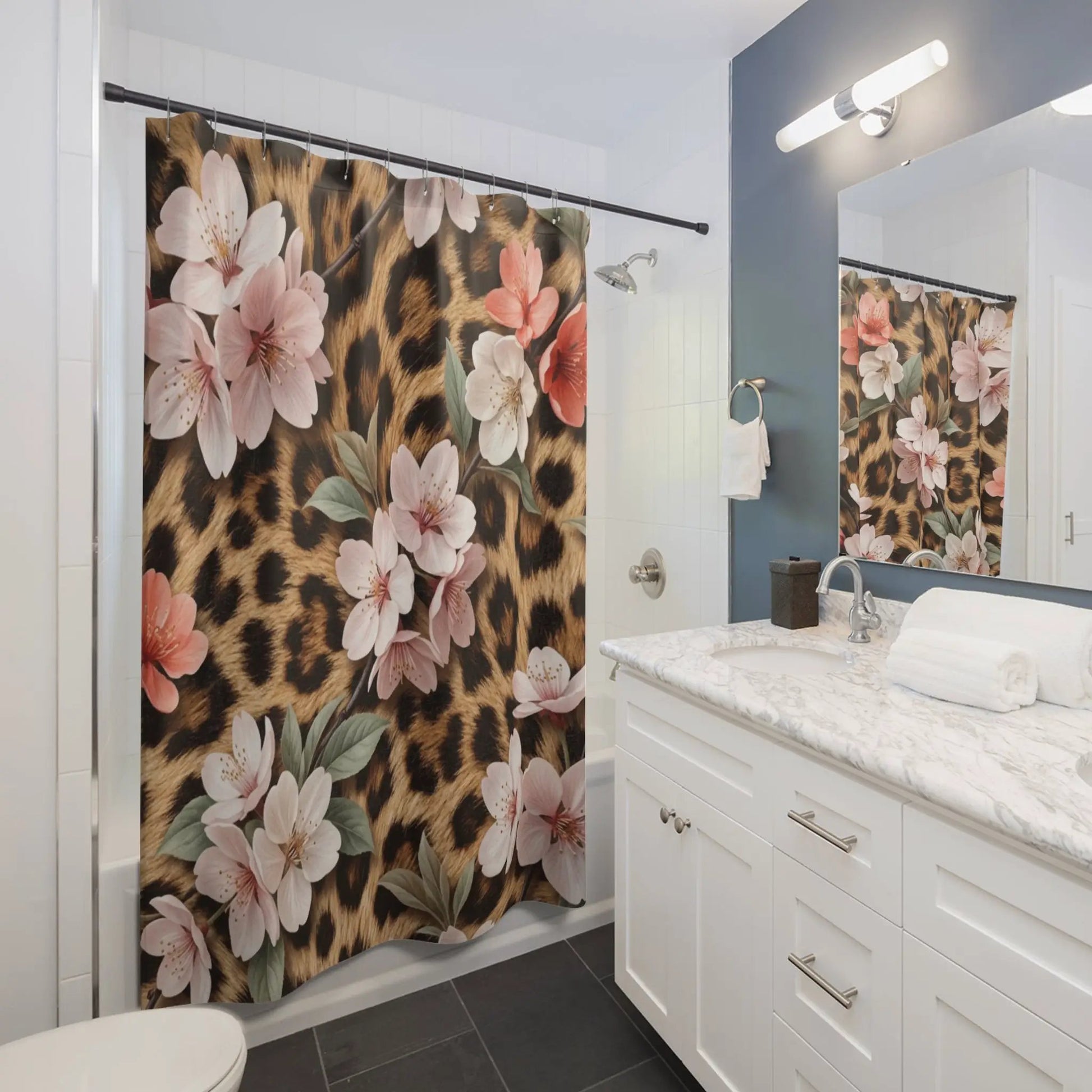 Floral Leopard Shower Curtain — Chic Animal Print Floral Bathroom Decor by Printify