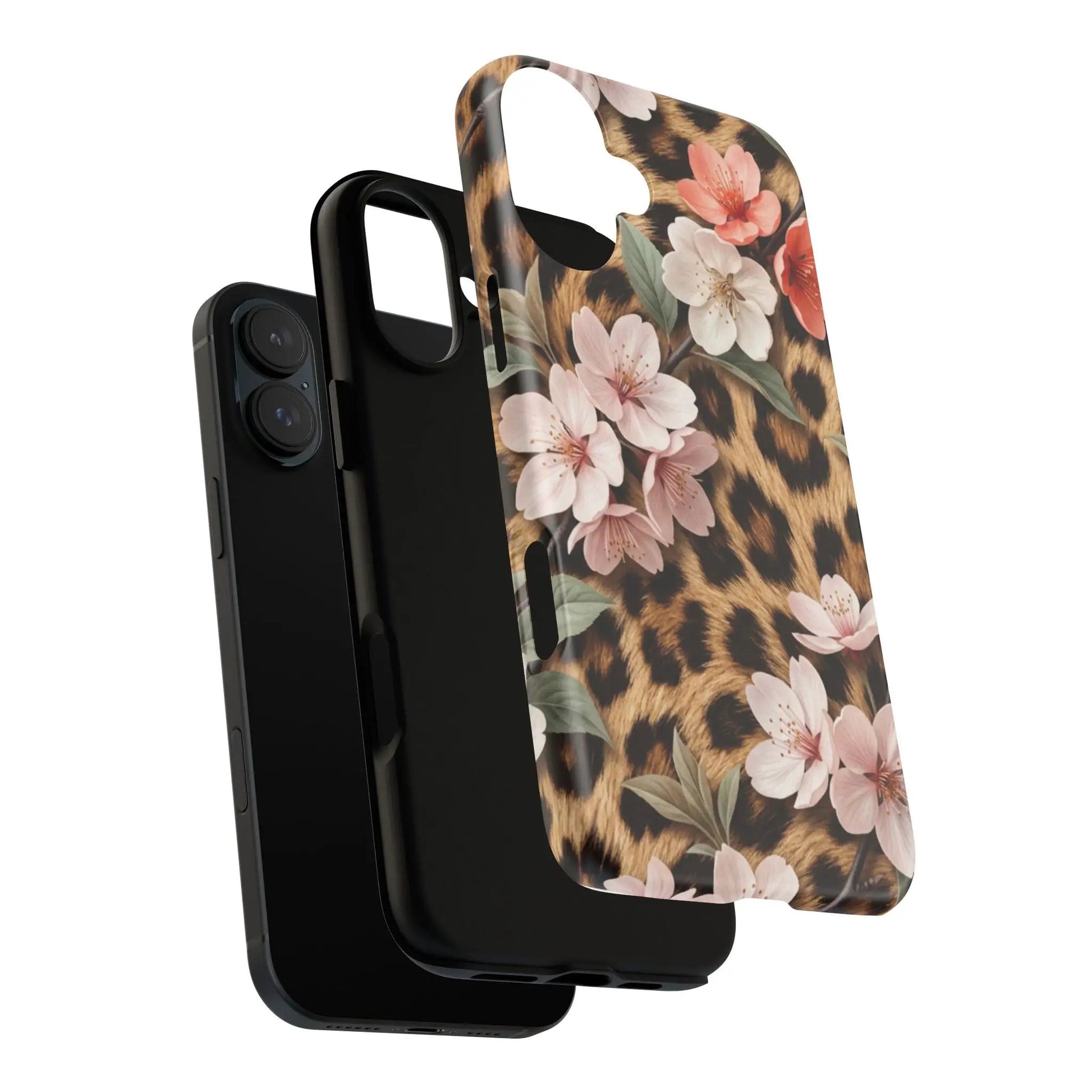 Leopard Floral Tough Case — Protective Phone Case with Pink Cherry Blossoms by Printify