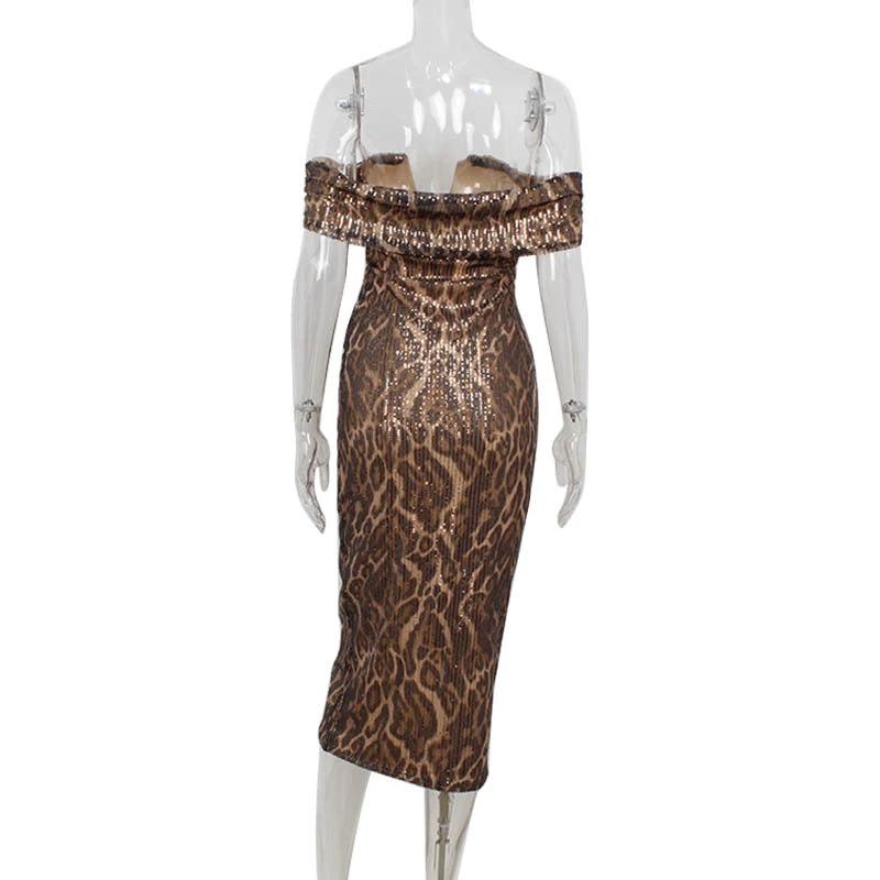 Womens Fashion Leopard-Print Sexy Off-Shoulder V-Neck Evening Gown by GJG Denim
