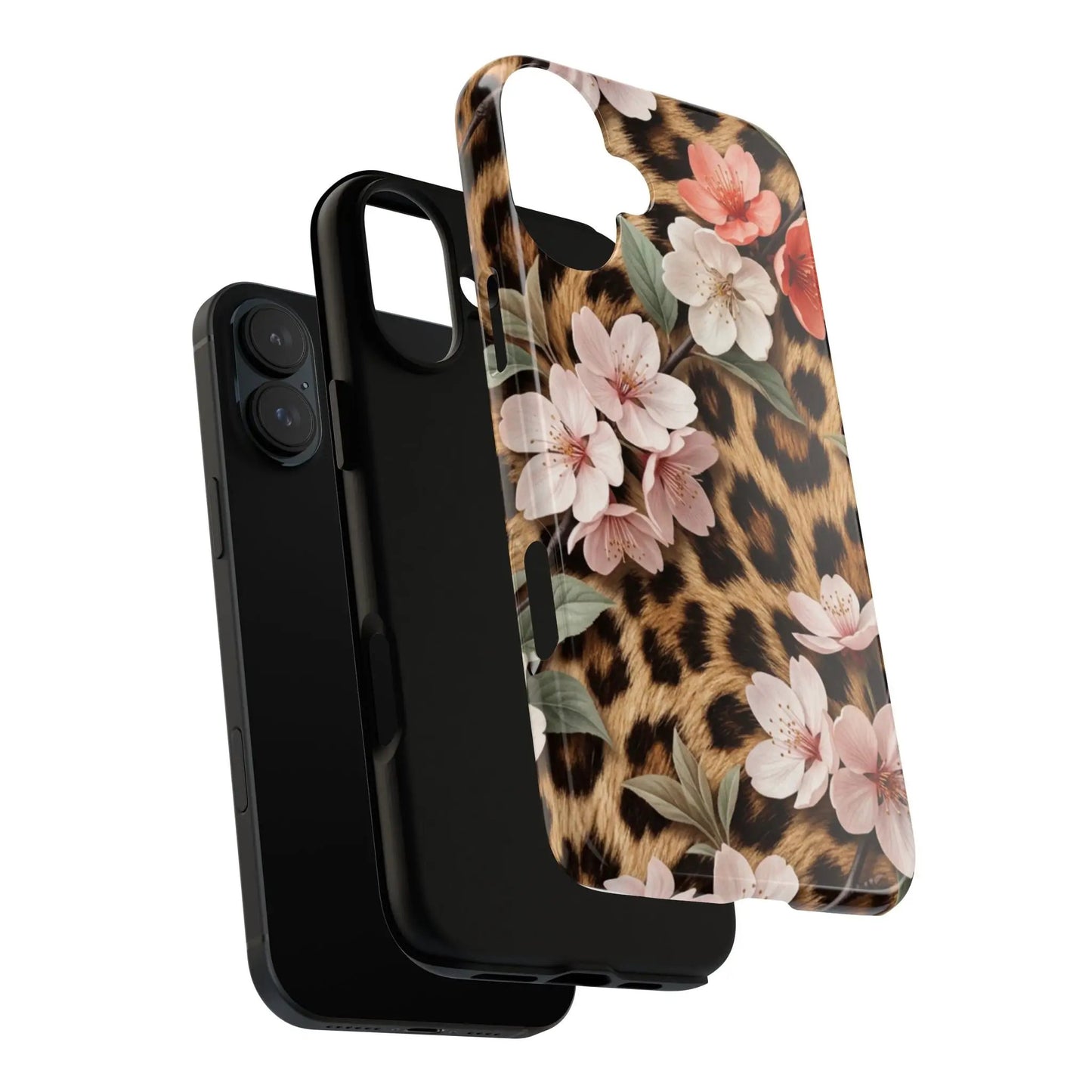 Leopard Floral Tough Case — Protective Phone Case with Pink Cherry Blossoms by Printify
