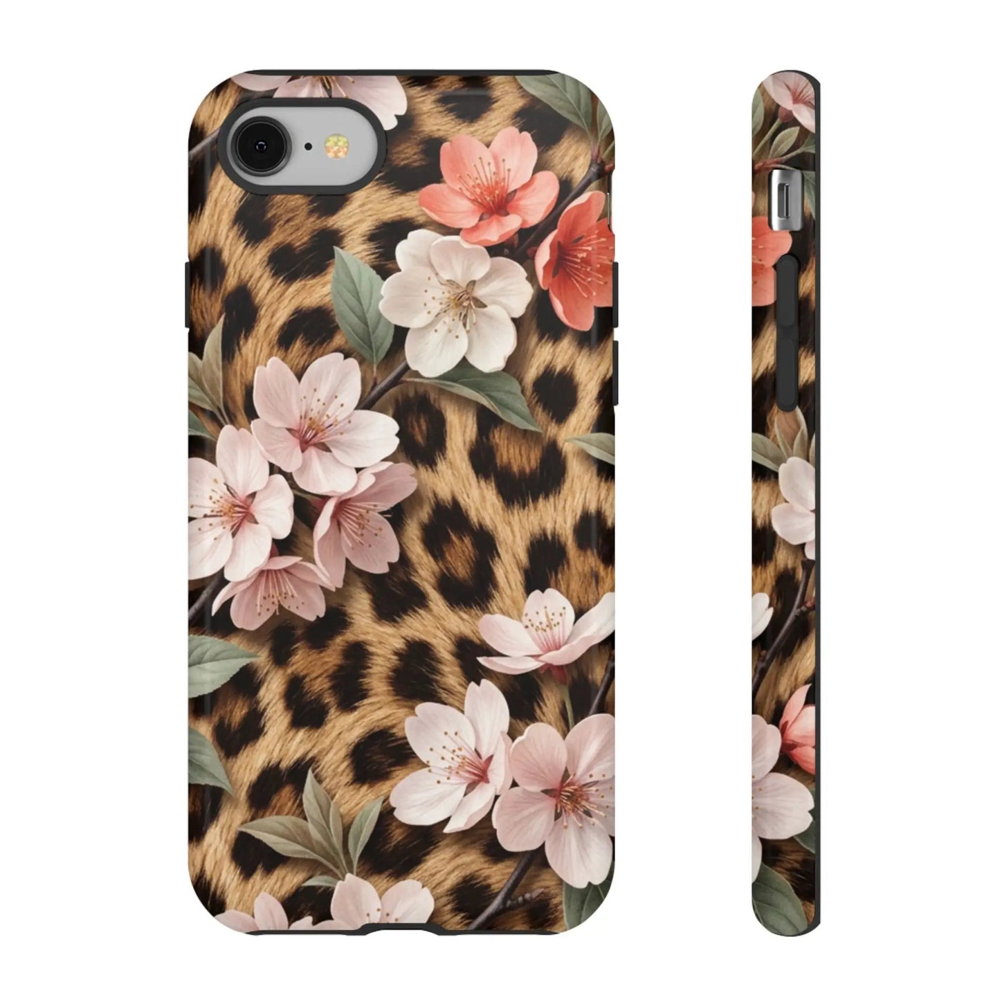 Leopard Floral Tough Case — Protective Phone Case with Pink Cherry Blossoms by Printify