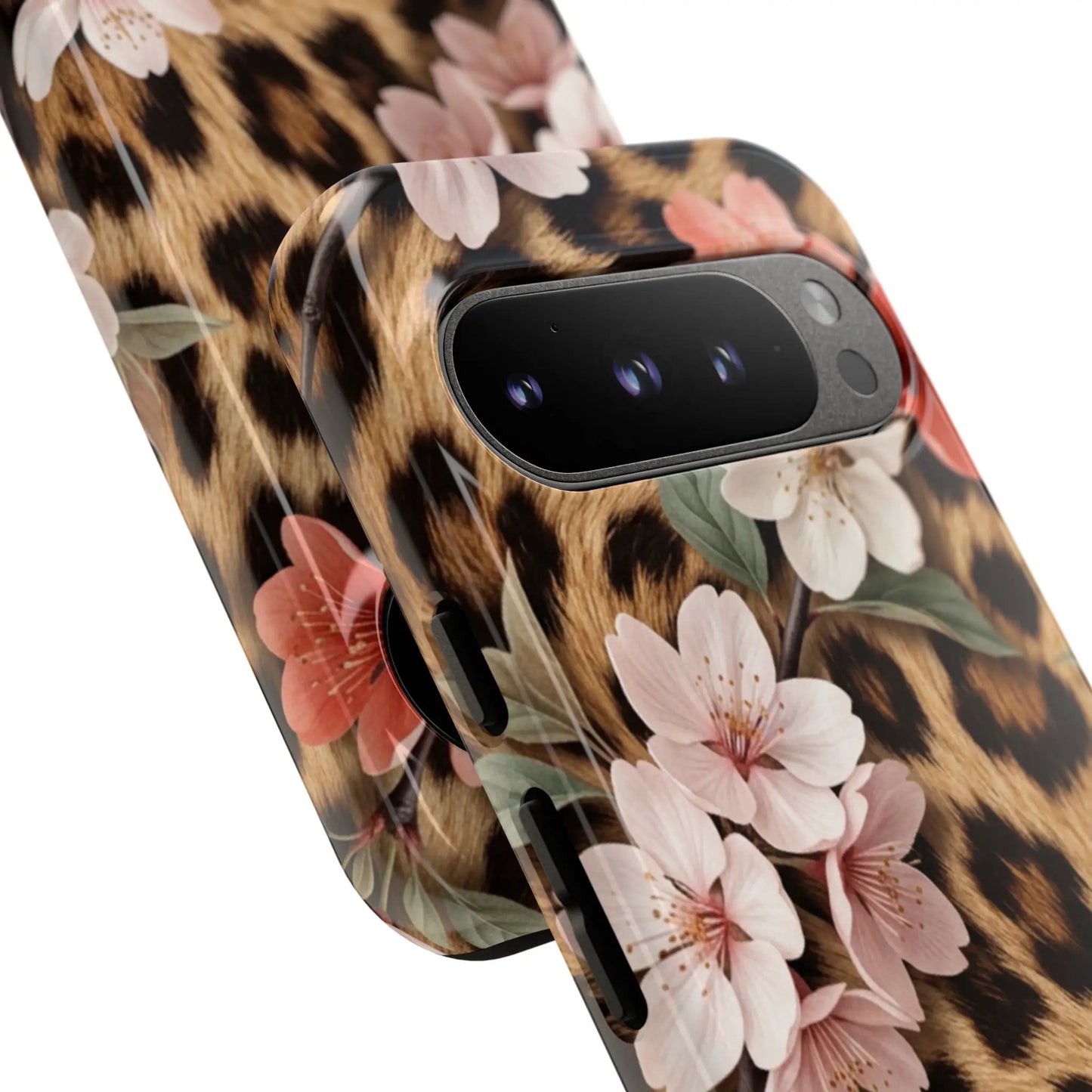 Leopard Floral Tough Case — Protective Phone Case with Pink Cherry Blossoms by Printify