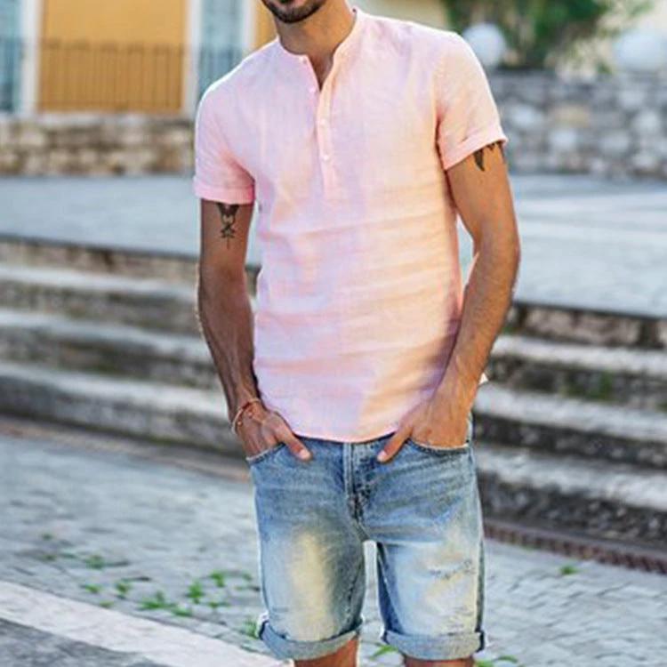 Men's Stand Collar Cotton Linen Short Sleeve Shirt by GJG Denim