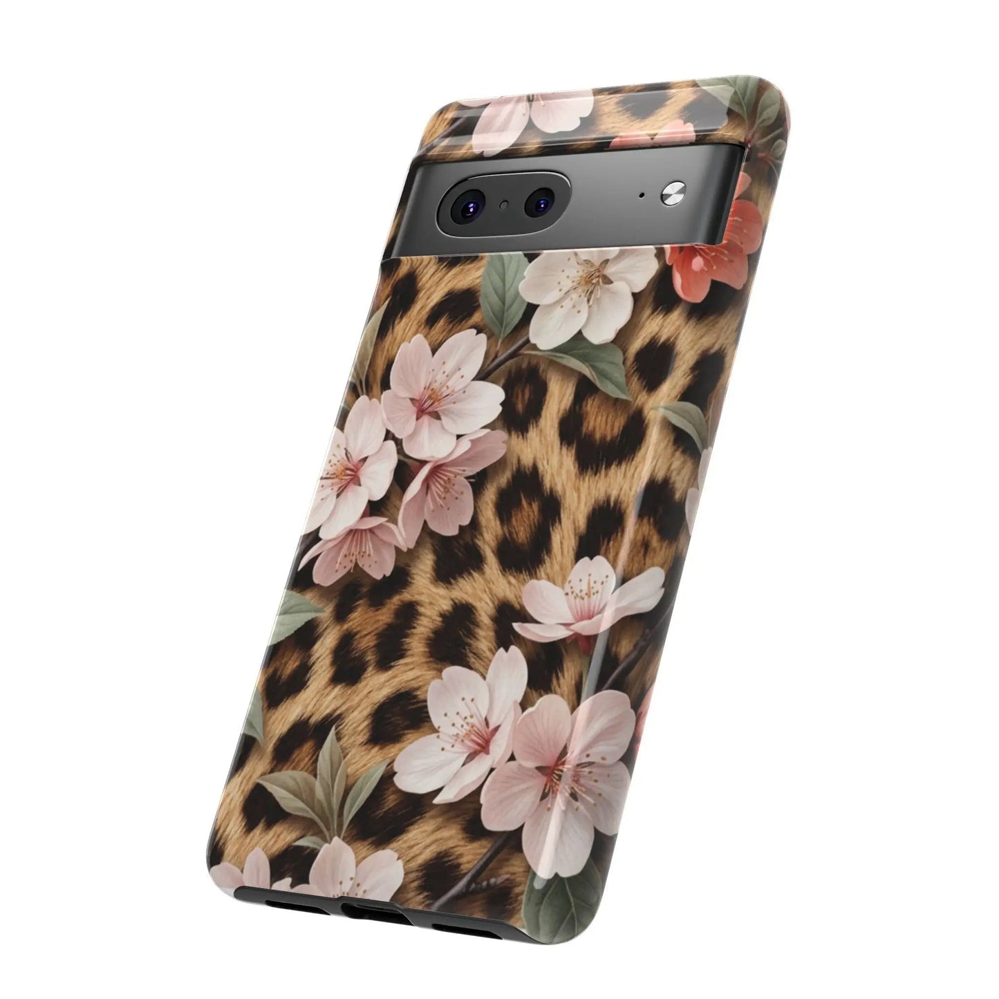 Leopard Floral Tough Case — Protective Phone Case with Pink Cherry Blossoms by Printify