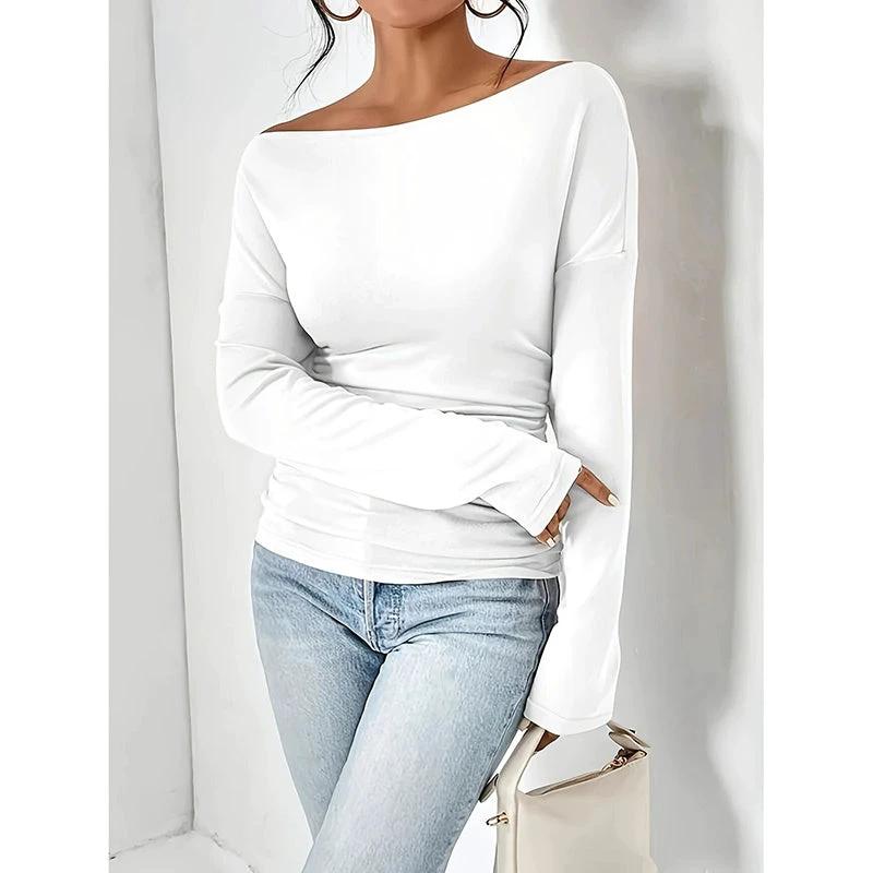 Women's Off The Shoulder Tops Long Sleeve T Shirts Going Out Tops Casual Trendy Ruched Slim Fitted Tees by GJG Denim