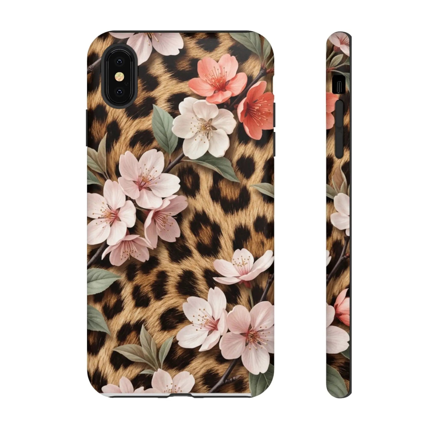 Leopard Floral Tough Case — Protective Phone Case with Pink Cherry Blossoms by Printify