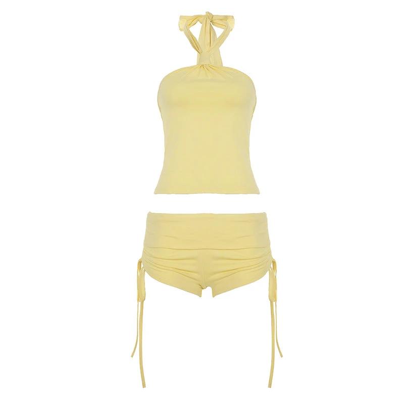 Figure-flattering Slimming Sleeveless Set Halter-style Top With Tie-up Detail Solid-color Shorts by GJG Denim