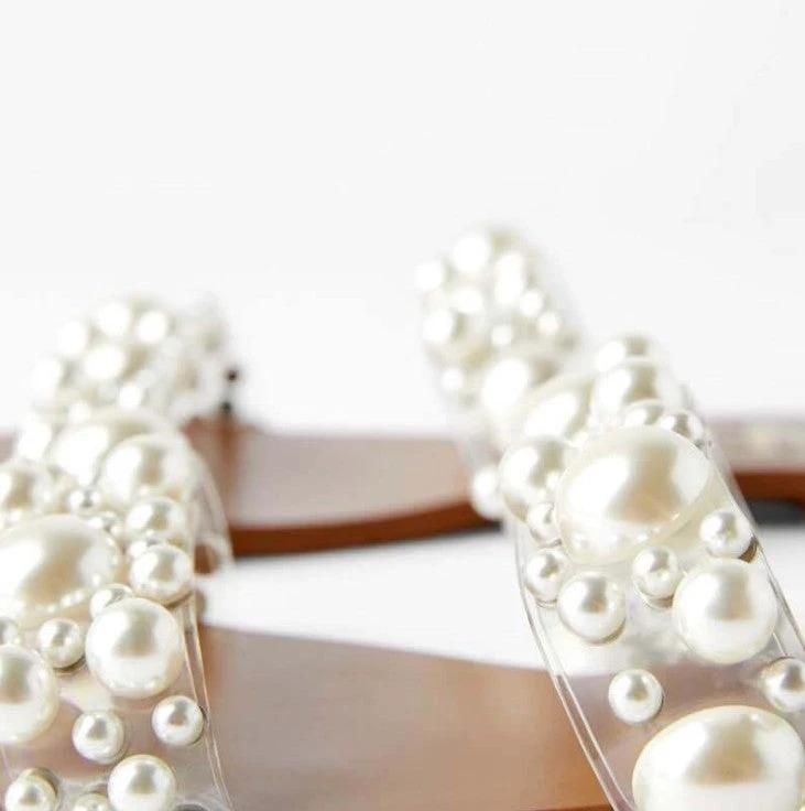 New transparent flat sandals with pearls by GJG Denim