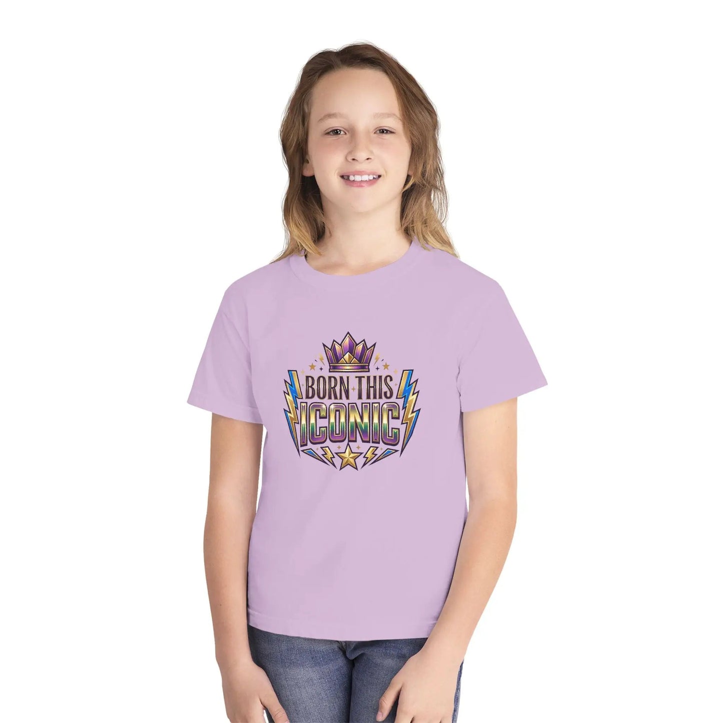Youth Tee — "Born This Iconic" Crown Graphic by Printify