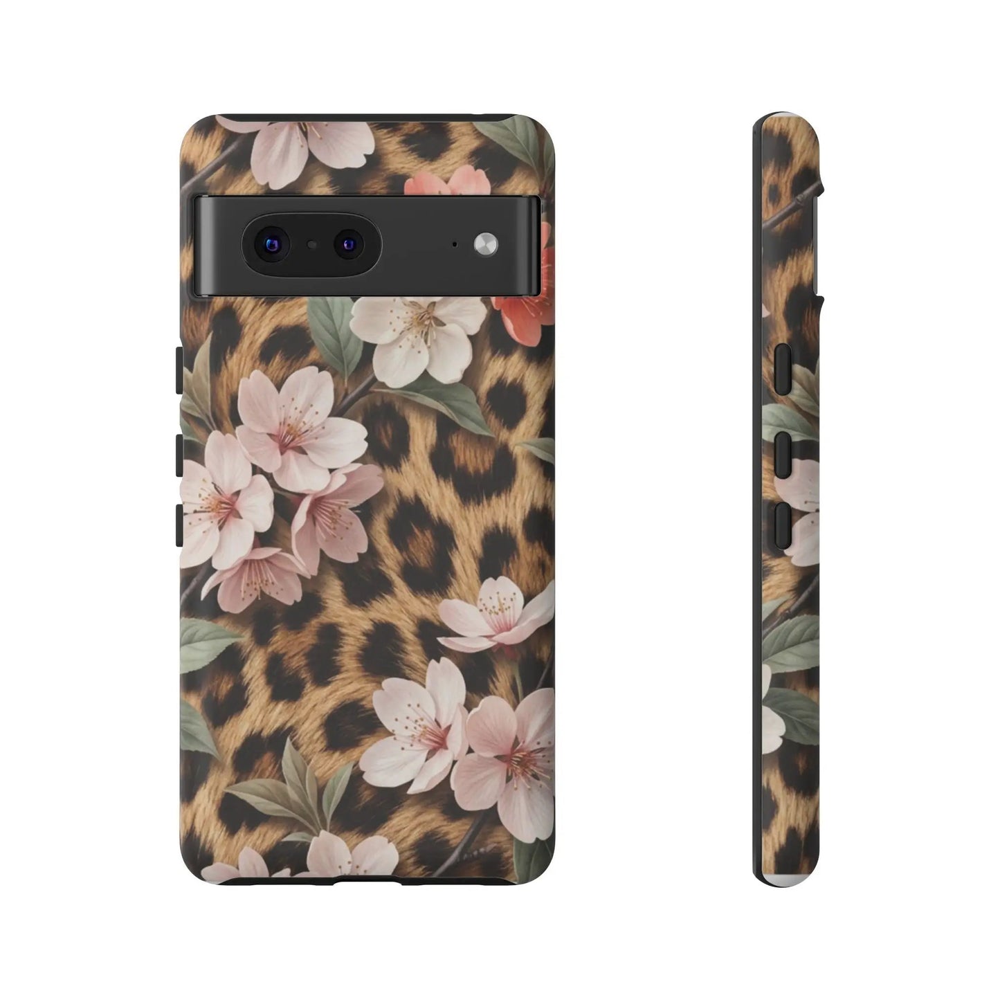 Leopard Floral Tough Case — Protective Phone Case with Pink Cherry Blossoms by Printify