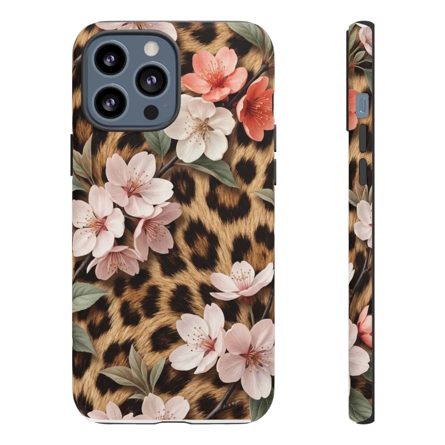 Leopard Floral Tough Case — Protective Phone Case with Pink Cherry Blossoms by Printify