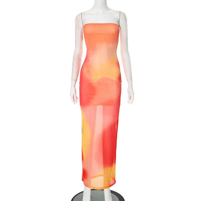 Contrast Color Tube Top Printing Dress by GJG Denim