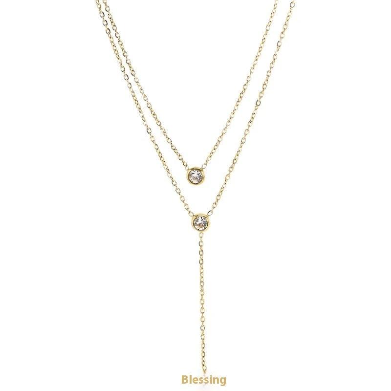 Single rhinestone Zircon Tassel Titanium Steel Necklace For Women by GJG Denim