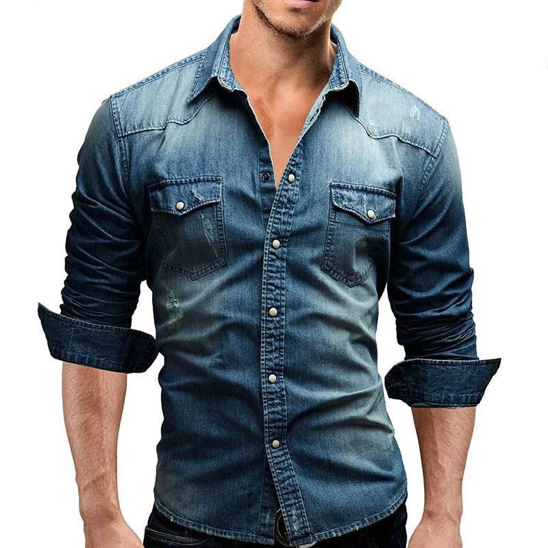 Men's Denim Long Sleeve Shirts Slim Fit by GJG Denim
