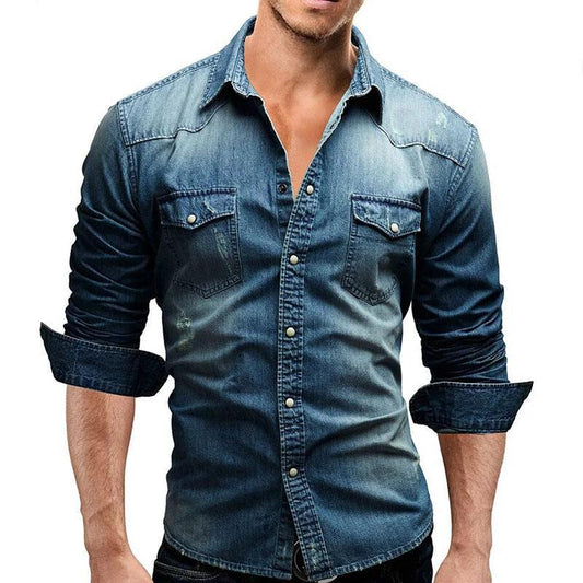 Men's Denim Long Sleeve Shirts Slim Fit by GJG Denim