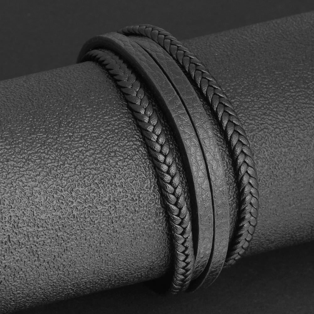 Stainless Steel Faux Leather Braided Rope Magnetic Clasp Bracelet For Men by GJG Denim