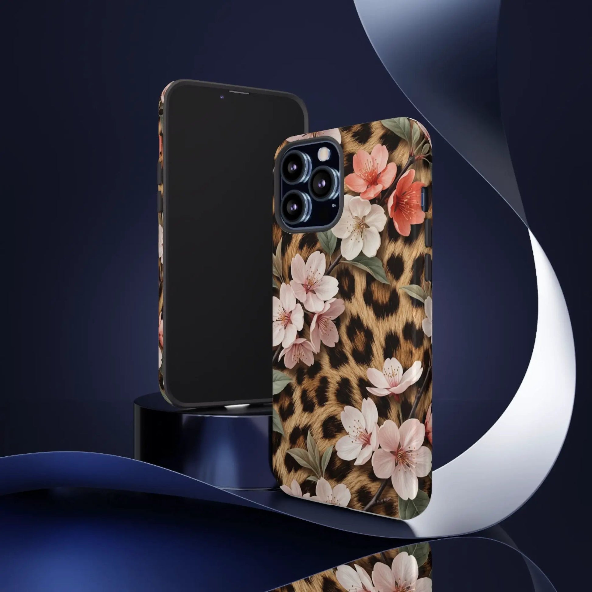 Leopard Floral Tough Case — Protective Phone Case with Pink Cherry Blossoms by Printify