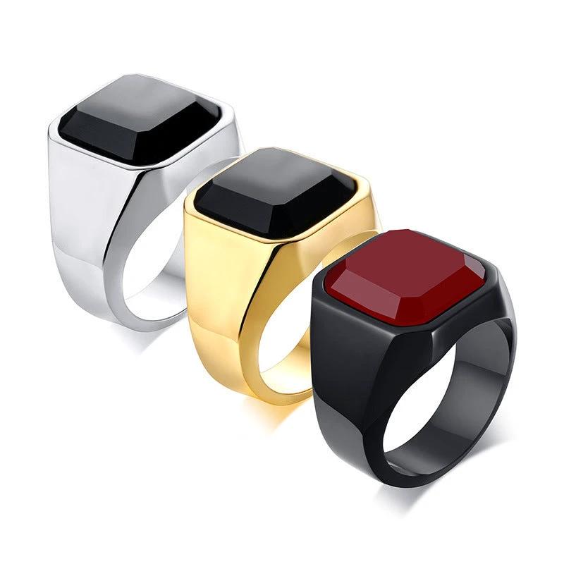 Men's Stainless Steel Black Agate Ring by GJG Denim