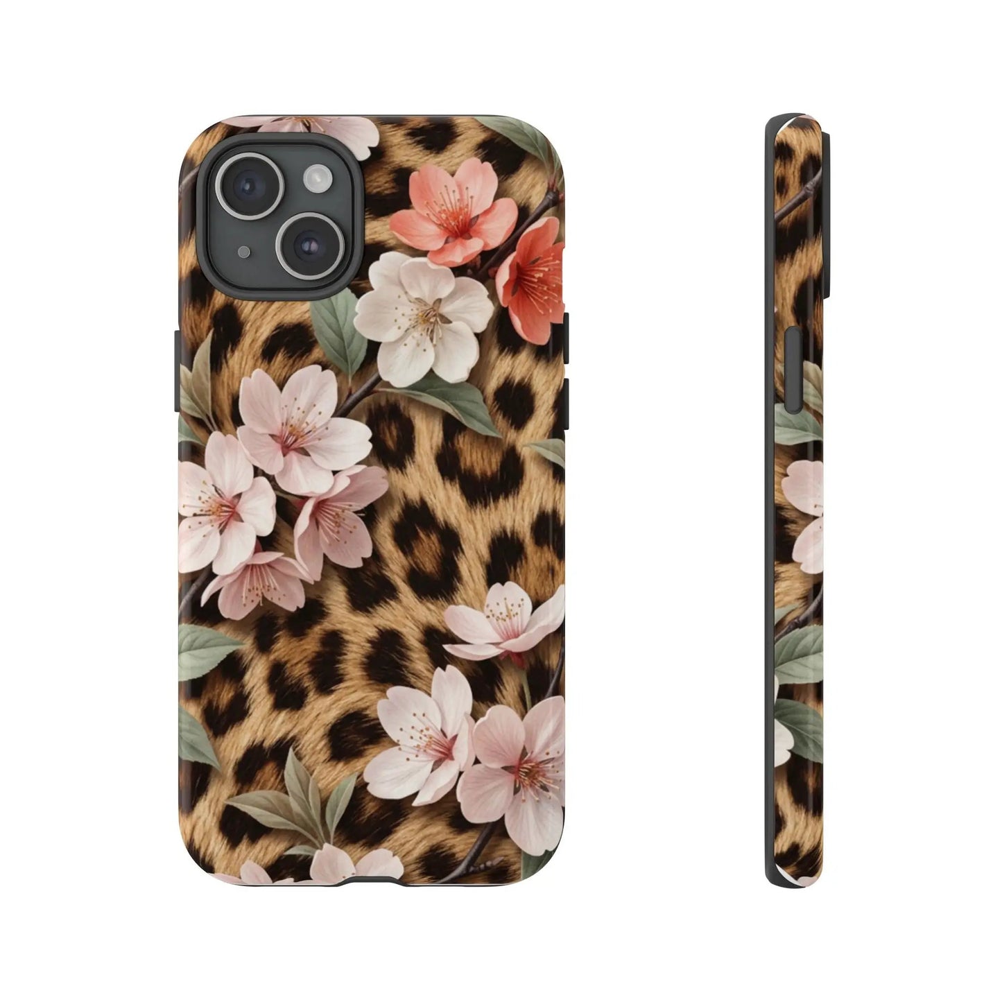 Leopard Floral Tough Case — Protective Phone Case with Pink Cherry Blossoms by Printify