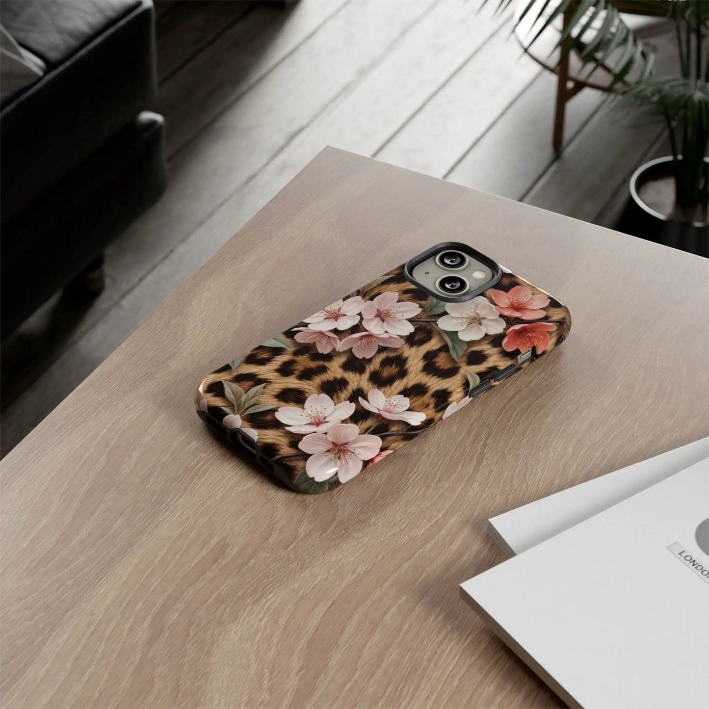 Leopard Floral Tough Case — Protective Phone Case with Pink Cherry Blossoms by Printify