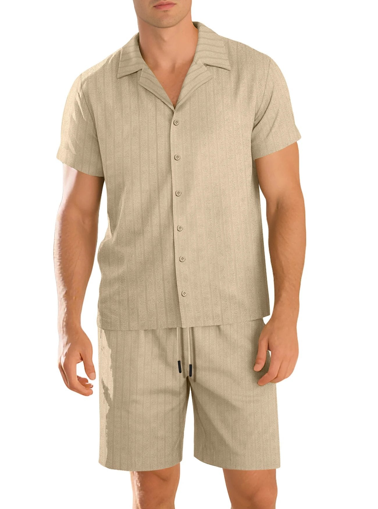 Men's Casual Button-Down Short-Sleeve Shirt And Shorts Set by GJG Denim