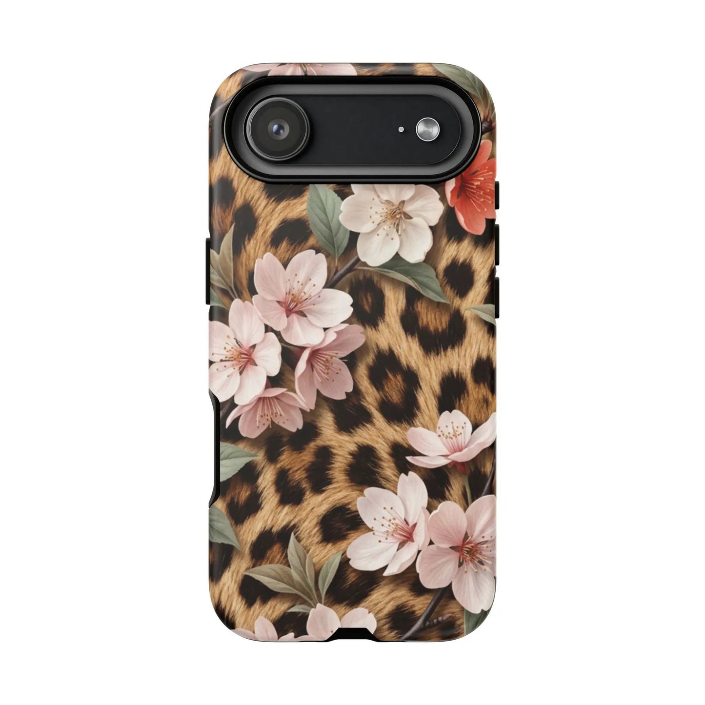 Leopard Floral Tough Case — Protective Phone Case with Pink Cherry Blossoms by Printify