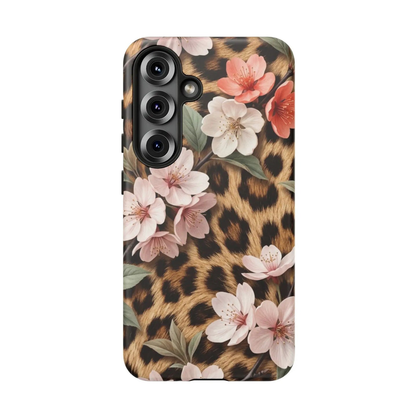 Leopard Floral Tough Case — Protective Phone Case with Pink Cherry Blossoms by Printify
