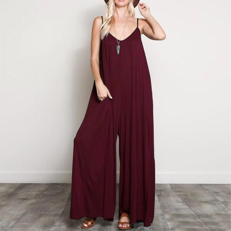 Summer Women Sexy V Neck Long Jumpsuits Casual Loose Rompers Overalls Wide Leg Mono Bodysuit Playsuits Plus Size 5XL by GJG Denim