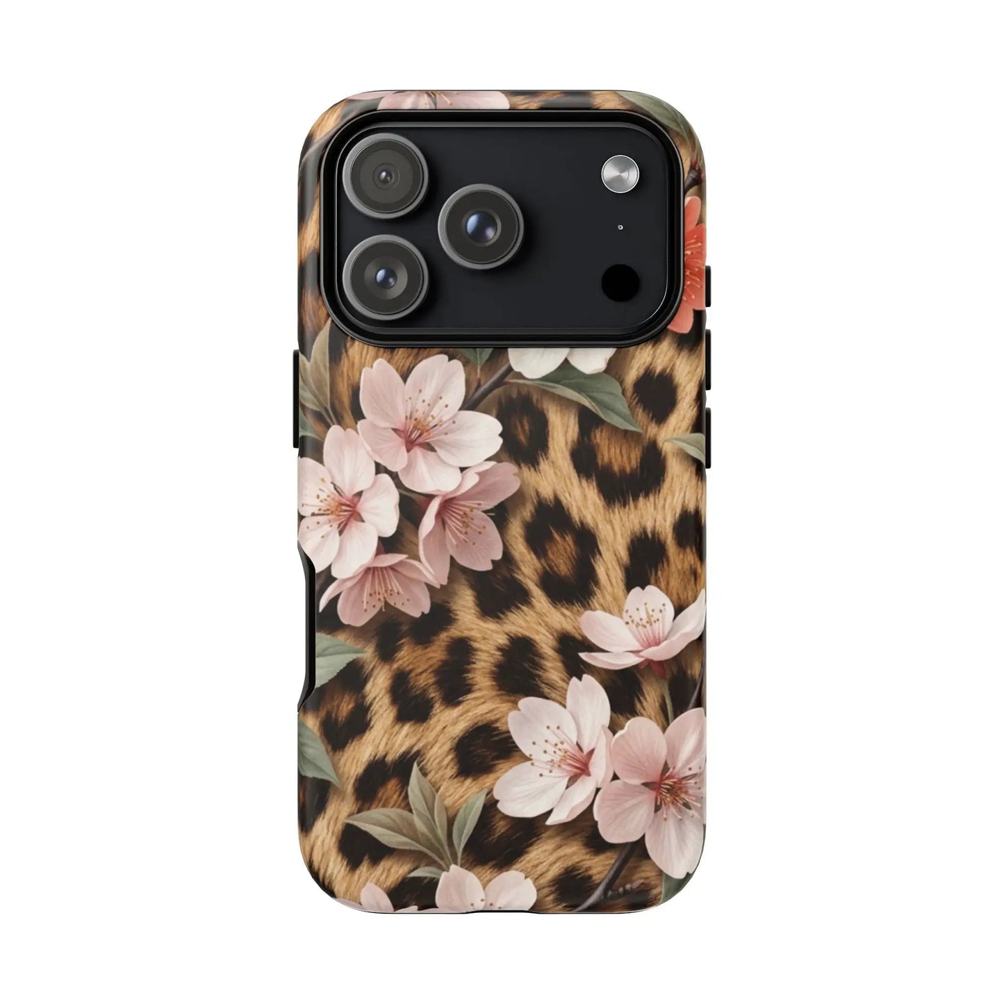 Leopard Floral Tough Case — Protective Phone Case with Pink Cherry Blossoms by Printify