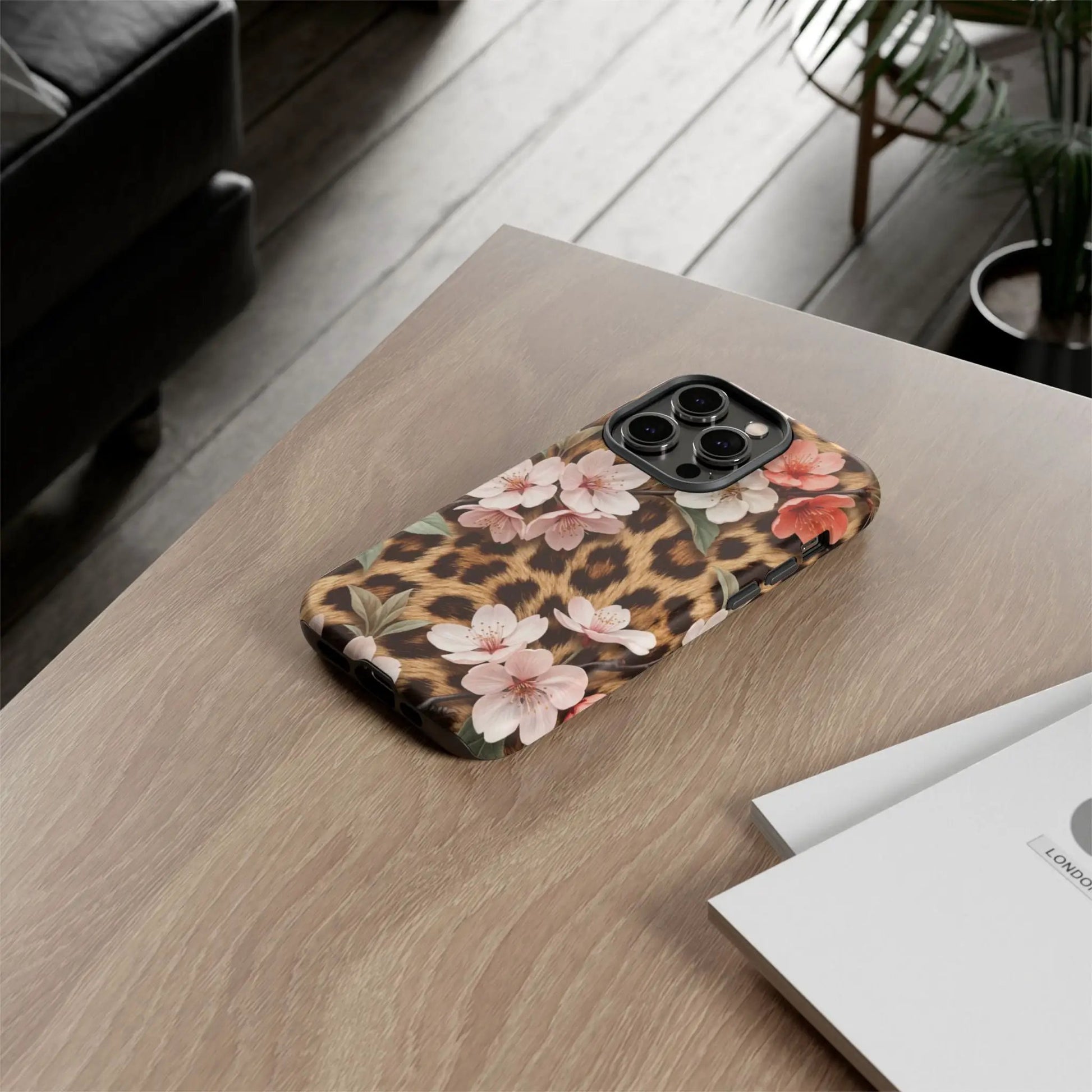 Leopard Floral Tough Case — Protective Phone Case with Pink Cherry Blossoms by Printify