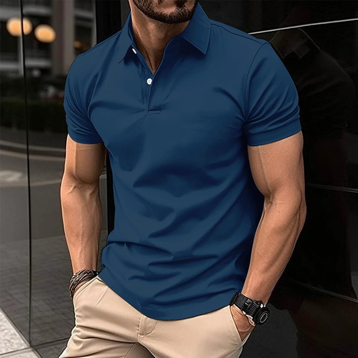 Short Sleeve Polo Shirt Men Solid Color Button Lapel Button Top by GJG Denim