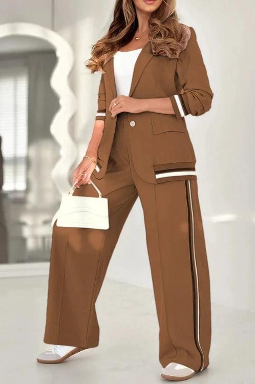 2 Pcs Set Women Suit Coat Pants Suit Lapel Long Sleeves Lady Jacket Wide Leg High Waist Trousers Female Commuting Office Outfit by GJG Denim