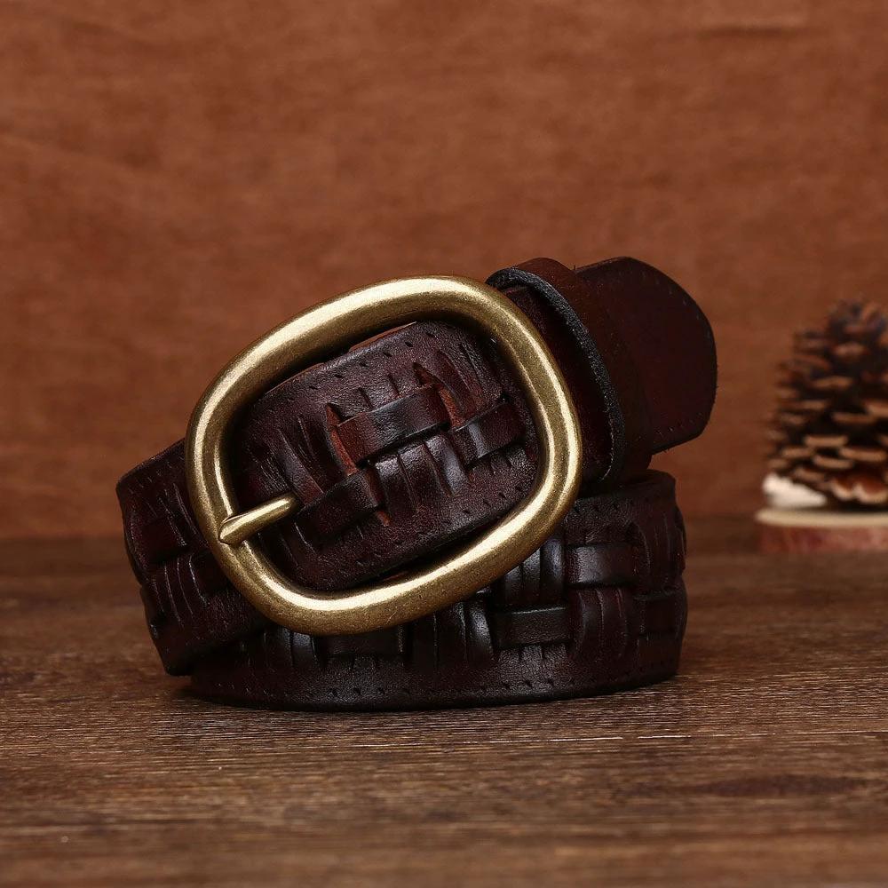 Men's Hand-woven Punch-free Brass Buckle Belt by GJG Denim