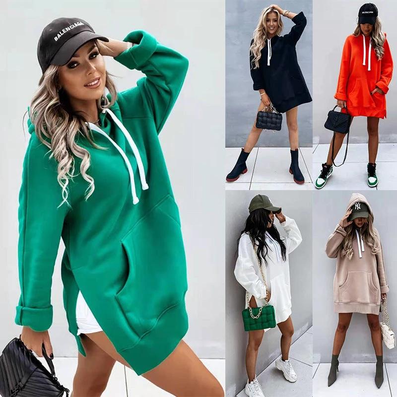 Women's Solid Color Hooded Mid-length Sweater by GJG Denim