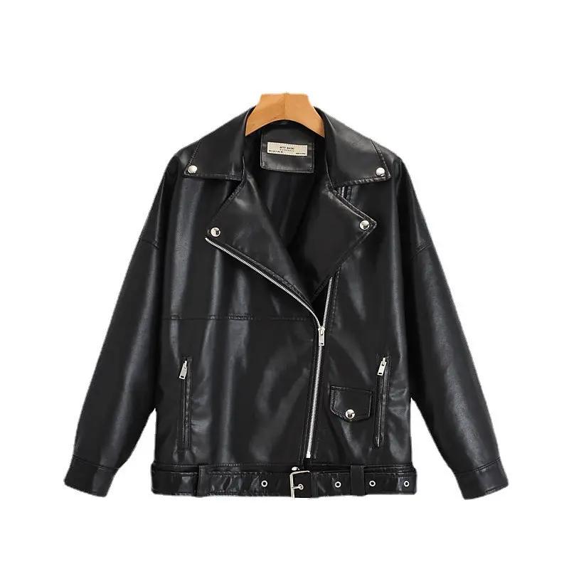 Turn-down Collar Loose Leather Jacket Womens Top by GJG Denim