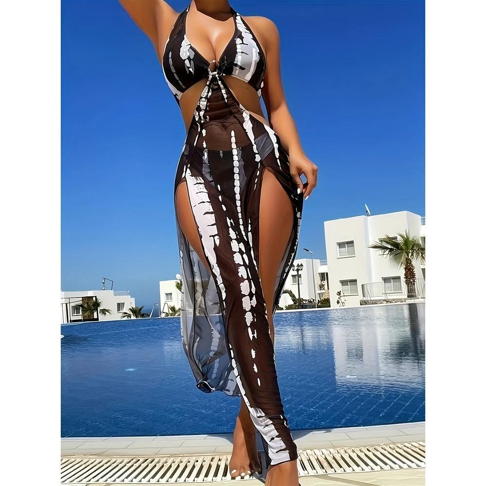 European And American Women's Swimsuit Sunscreen Bikini Three Piece Set Striped Printed Mesh Beach Vacation Sunscreen Swimsuit Women by GJG Denim