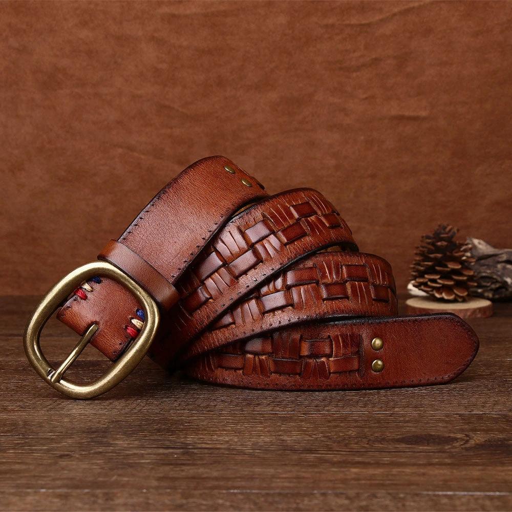 Men's Hand-woven Punch-free Brass Buckle Belt by GJG Denim