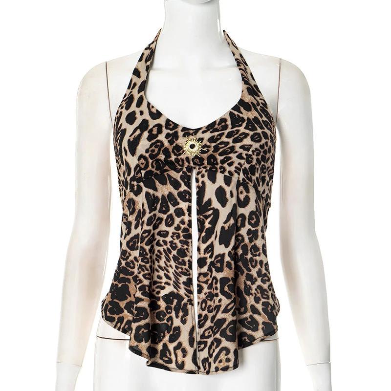 European And American Contrast Color Halter Leopard Print Printed Sexy Top For Women by GJG Denim
