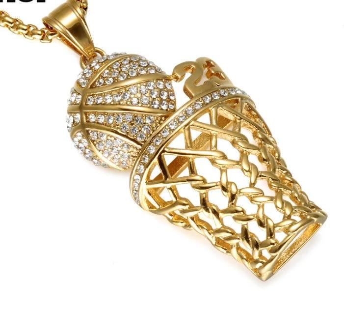 HIP Hop Bling Iced Out Gold Full Rhinestone Basketball Pendants Necklaces 316L Stainless Steel Sports Necklace for Men Jewelry by GJG Denim