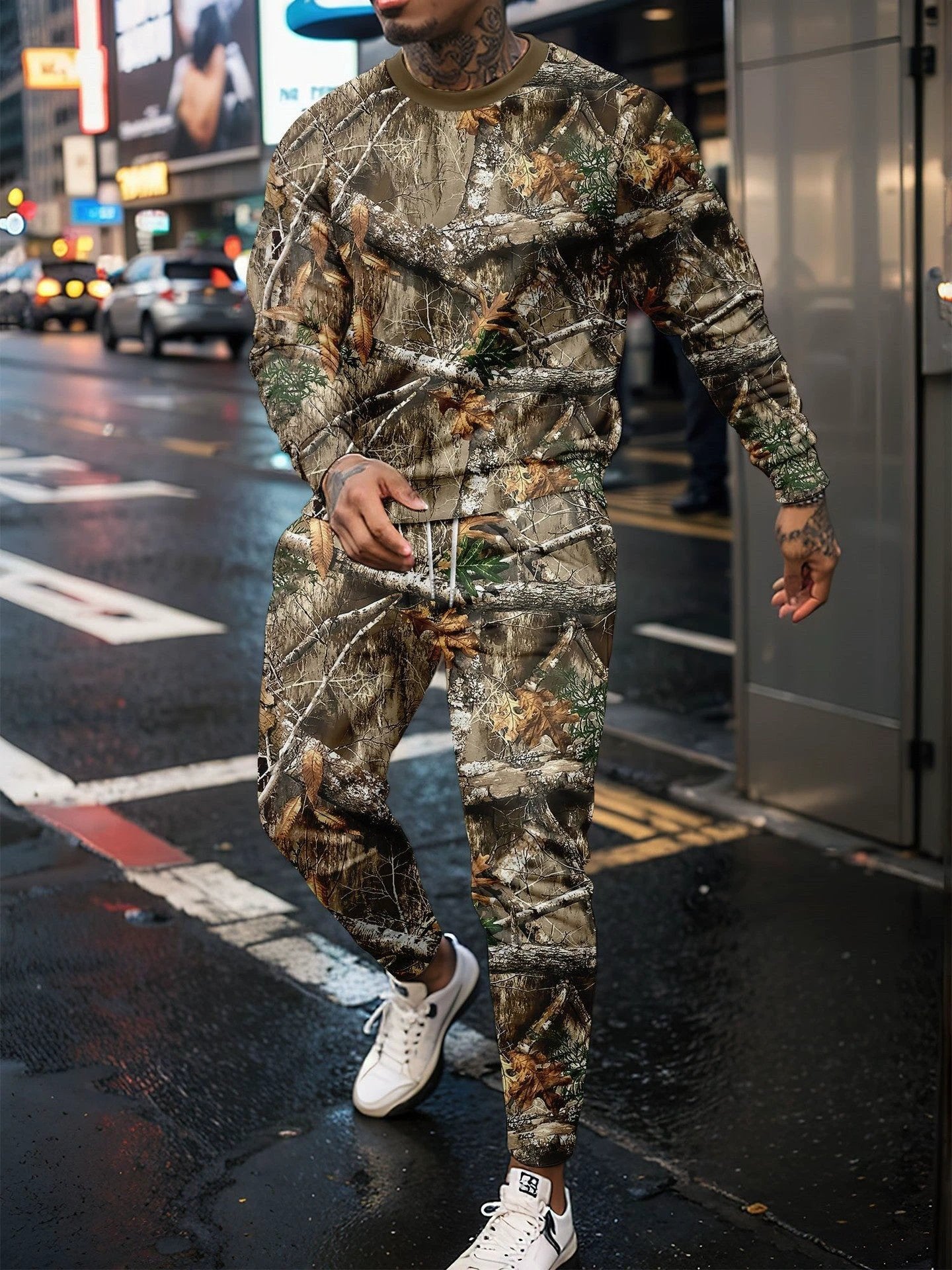 Round Neck Sweater Jungle Camouflage Sportswear Long Sleeve Two-piece Pants by GJG Denim