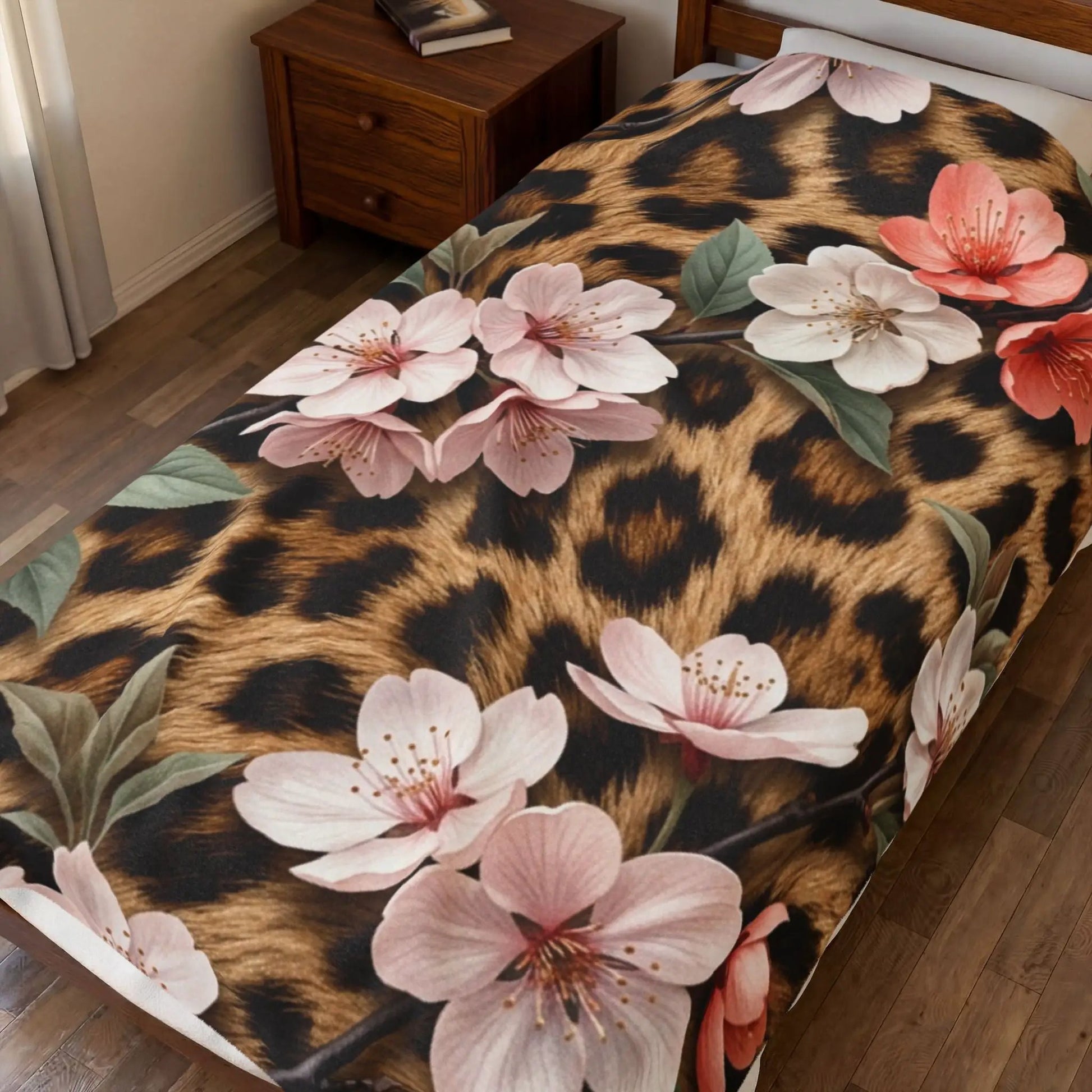 Leopard Floral Velveteen Plush Blanket — Soft Cozy Animal Print Throw by Printify