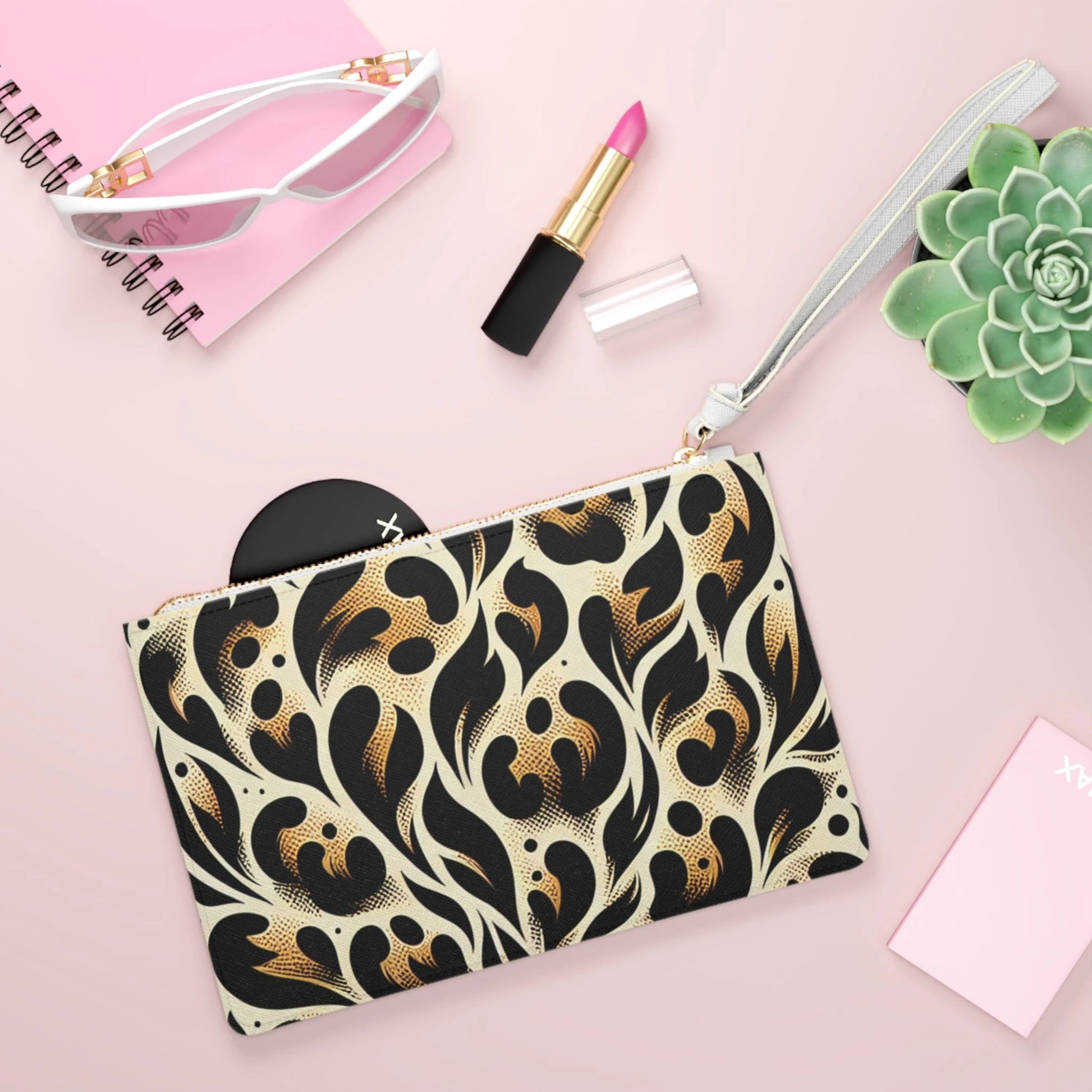 Chic Black & Gold Floral Clutch Bag, Fashion Accessory, Evening Bag, Gift for Her, Stylish Purse, Party Bag by Printify
