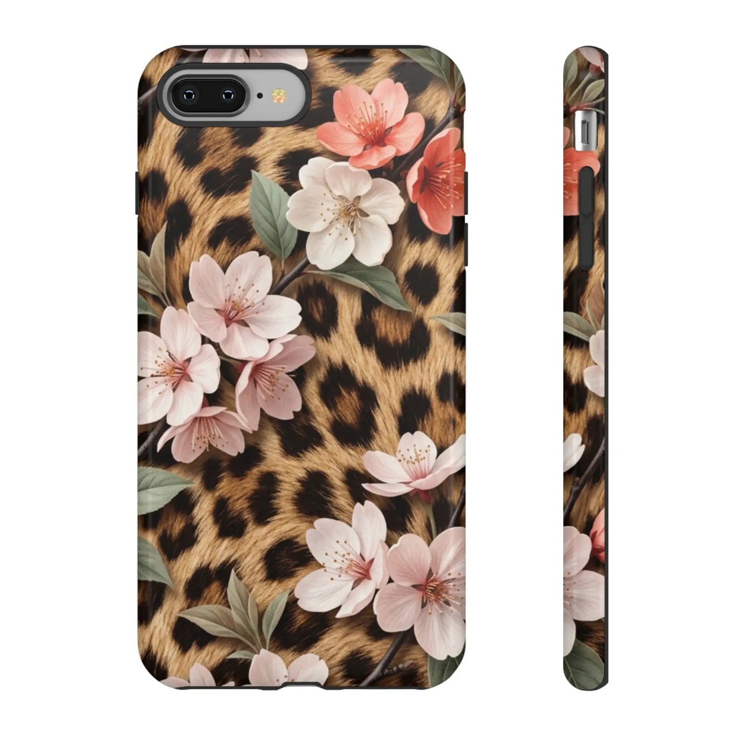 Leopard Floral Tough Case — Protective Phone Case with Pink Cherry Blossoms by Printify