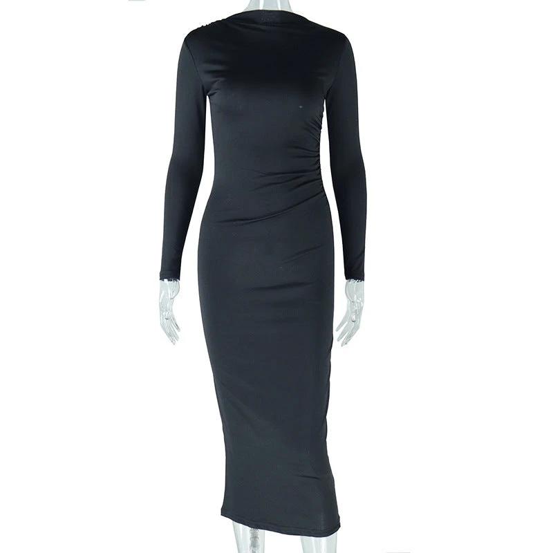 Women's Solid Color Round Neck Long Sleeve Pullover Dress by GJG Denim