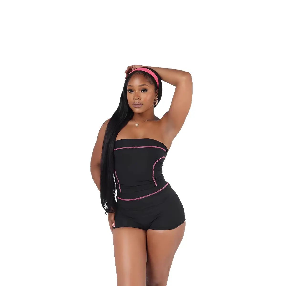 Contrast-Color Strapless Top And Shorts Sports Fitness Yoga Set by GJG Denim