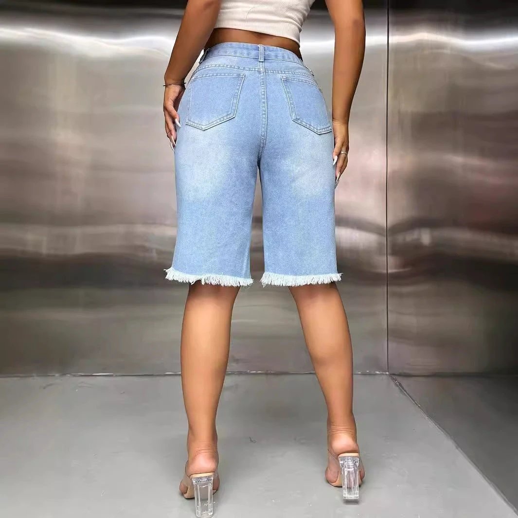 Womens Stylish Ripped Raw-edge Denim Shorts by GJG Denim
