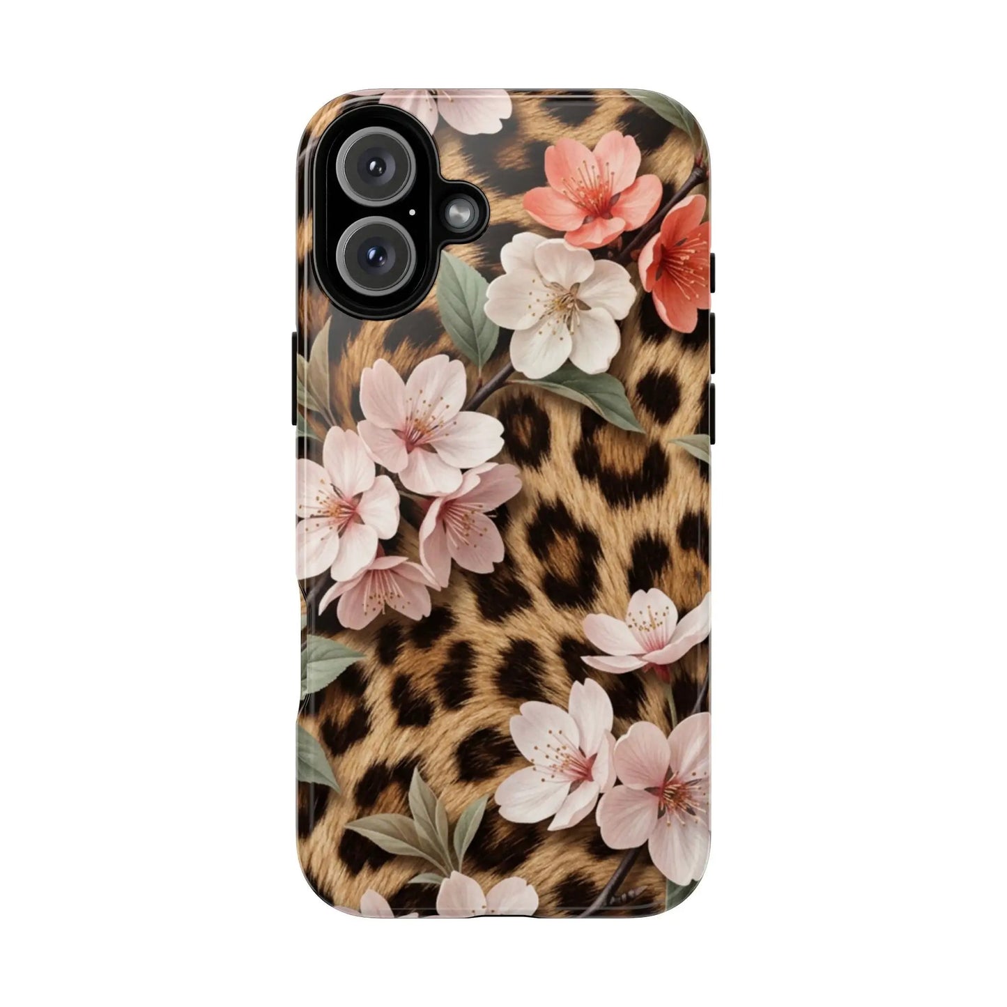 Leopard Floral Tough Case — Protective Phone Case with Pink Cherry Blossoms by Printify
