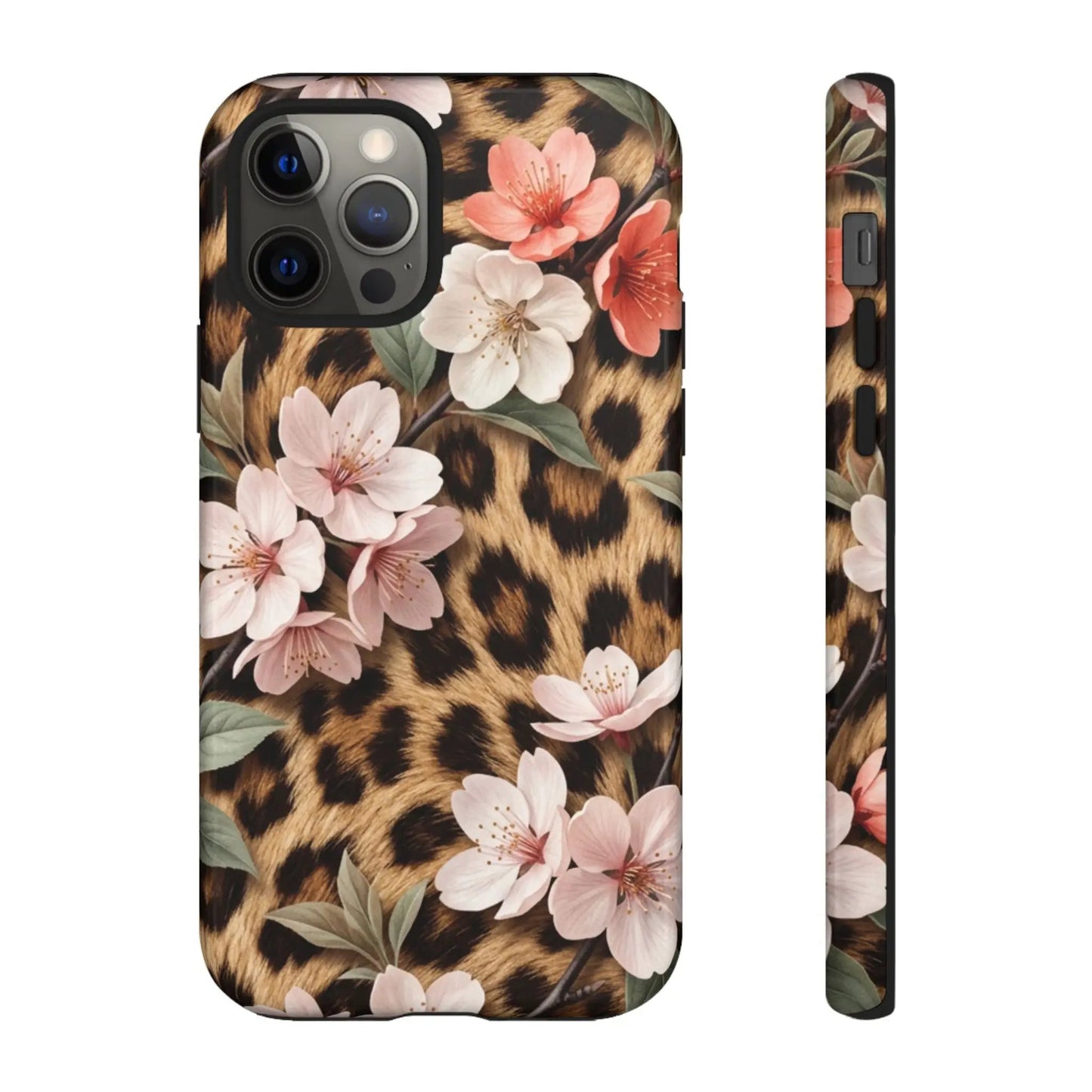 Leopard Floral Tough Case — Protective Phone Case with Pink Cherry Blossoms by Printify