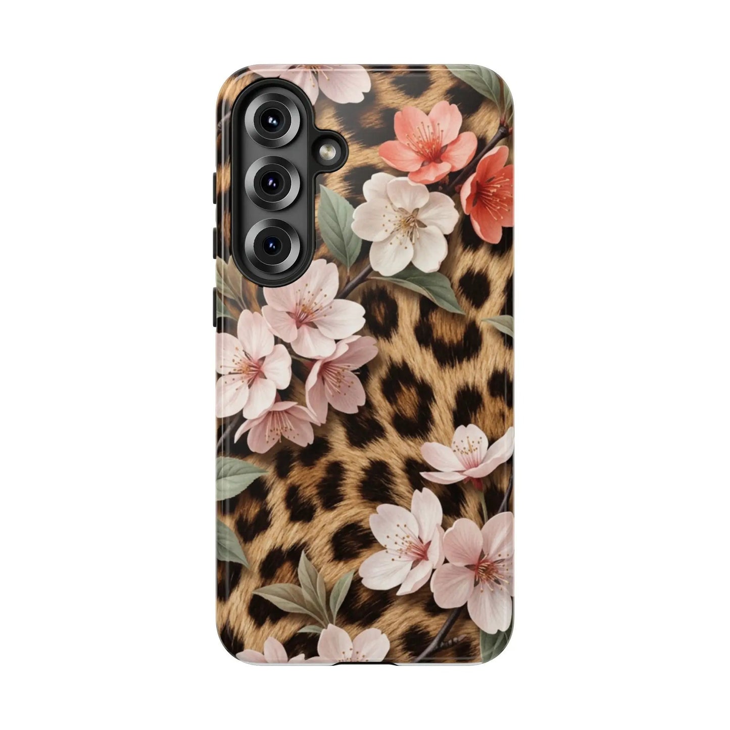 Leopard Floral Tough Case — Protective Phone Case with Pink Cherry Blossoms by Printify