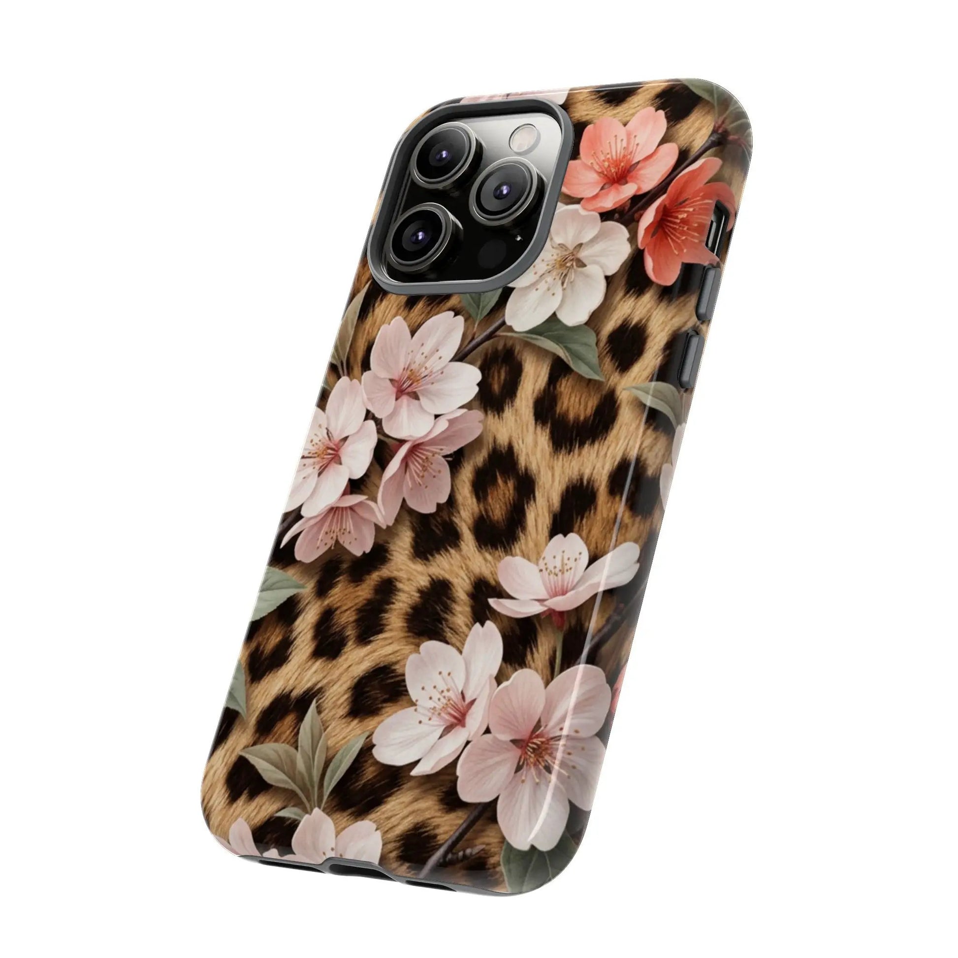 Leopard Floral Tough Case — Protective Phone Case with Pink Cherry Blossoms by Printify